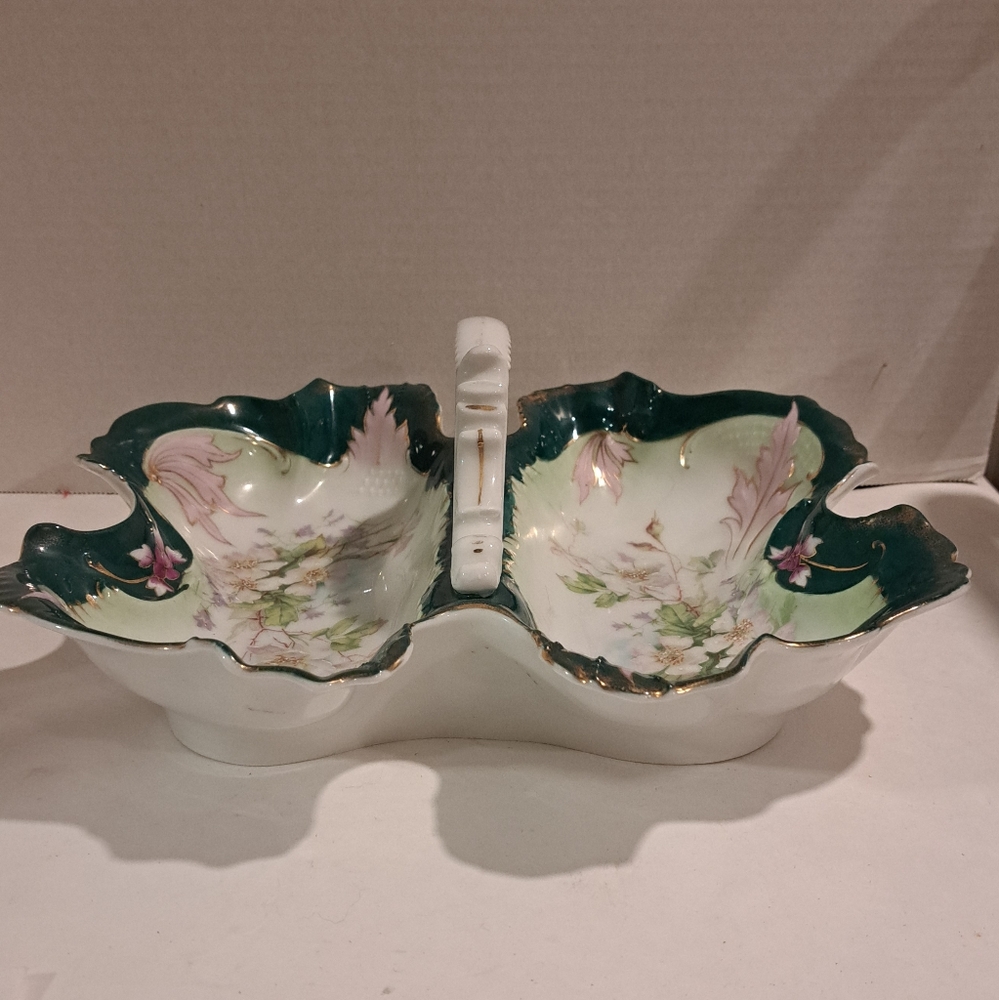 Antique C.T. German divided bowl with handle, green, and gold.